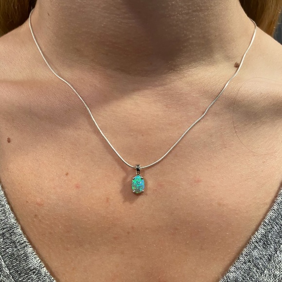 Sterling Silver Green Lab Oval Opal Necklace - Picture 8 of 17